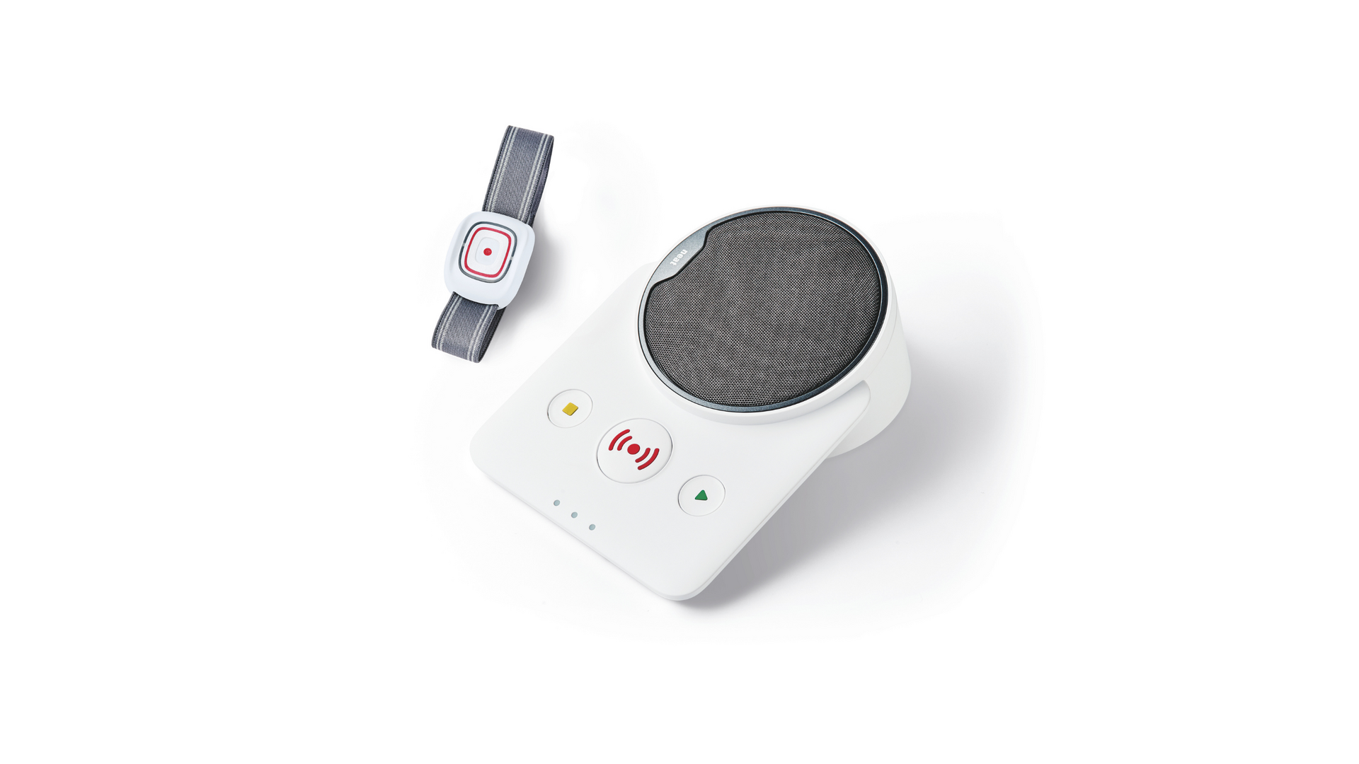 Abbildung des klassischen DRK-Hausnotrufs-Gerät, bestehend aus einer Basisstation mit rundem Lautsprecher sowie einem mobilen Sender, der als Armband getragen werden kann.