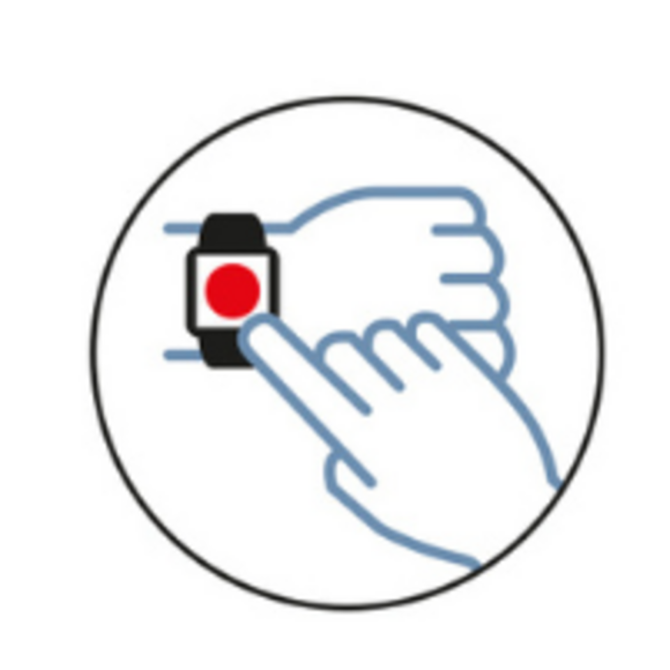 Symbole, die den Ablauf des Hausnotrufs zeigen: 1. Finger, der auf Notruftaste drückt, 2. Frau mit Headset und 24h-Symbol, 3. Einsatzfahrzeug.