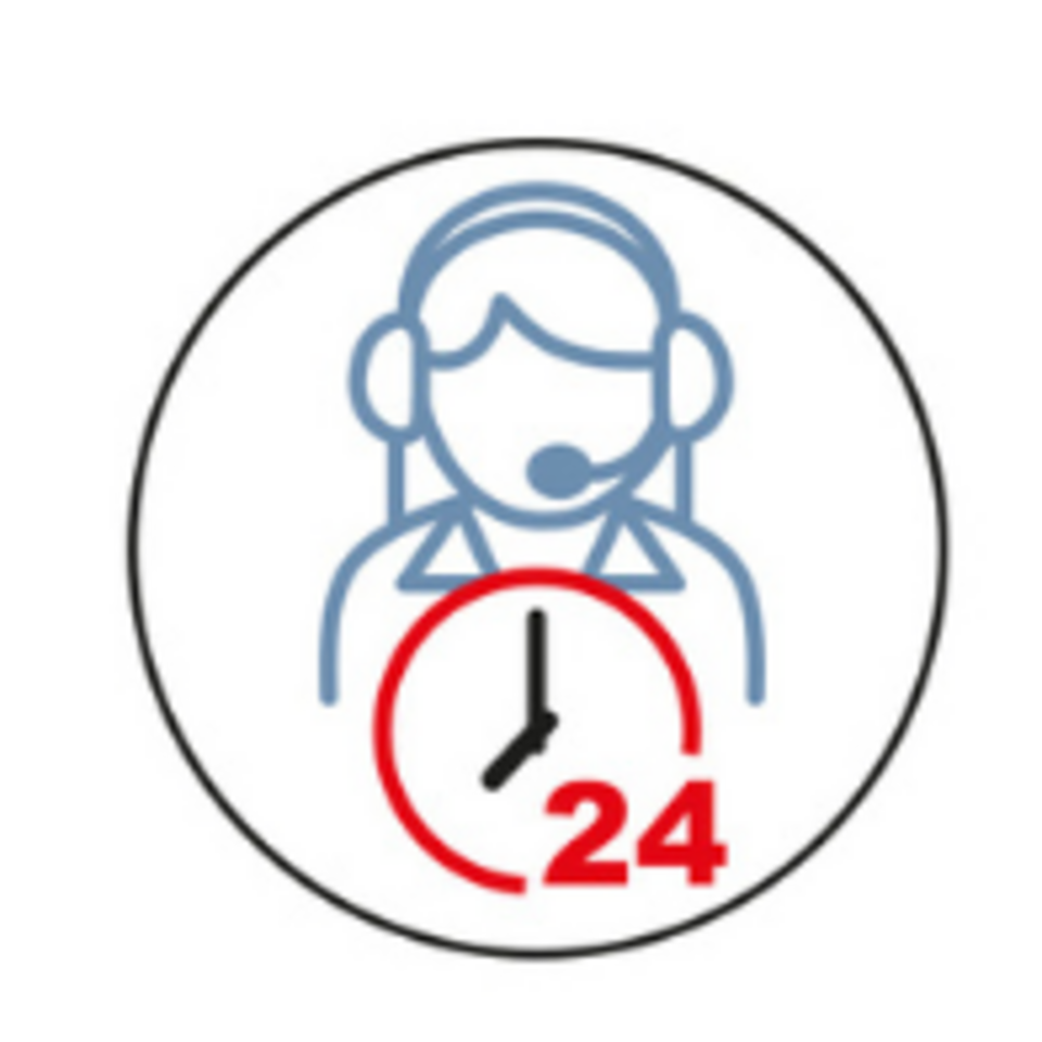 Symbole, die den Ablauf des Hausnotrufs zeigen: 1. Finger, der auf Notruftaste drückt, 2. Frau mit Headset und 24h-Symbol, 3. Einsatzfahrzeug.