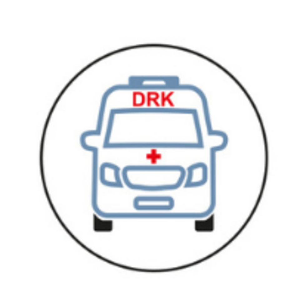 Symbole, die den Ablauf des Hausnotrufs zeigen: 1. Finger, der auf Notruftaste drückt, 2. Frau mit Headset und 24h-Symbol, 3. Einsatzfahrzeug.