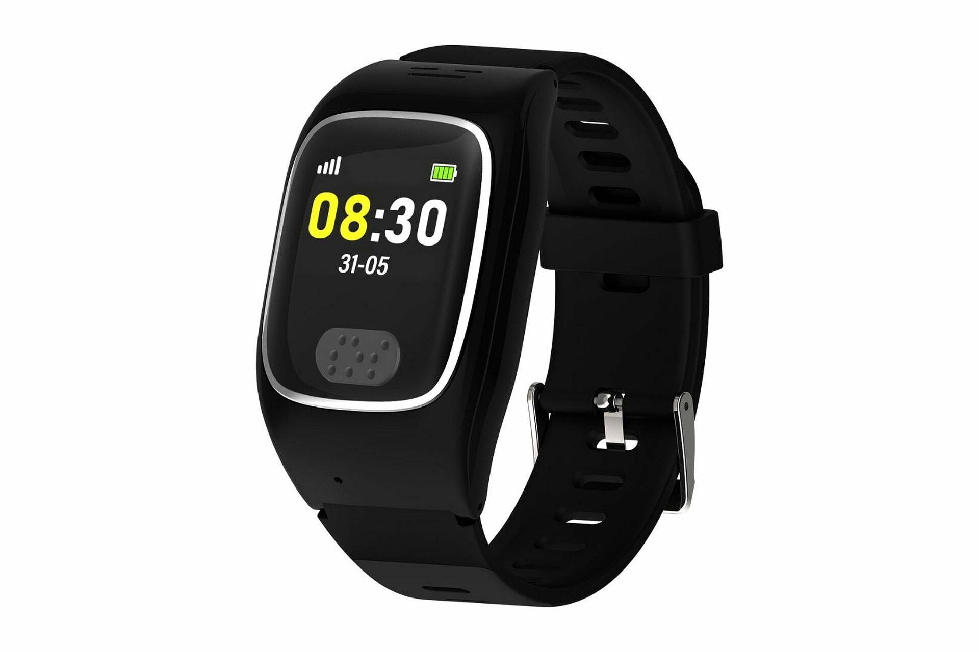 DRK-Watch – eine schwarze moderne digitale Uhr mit Notrufknopf.