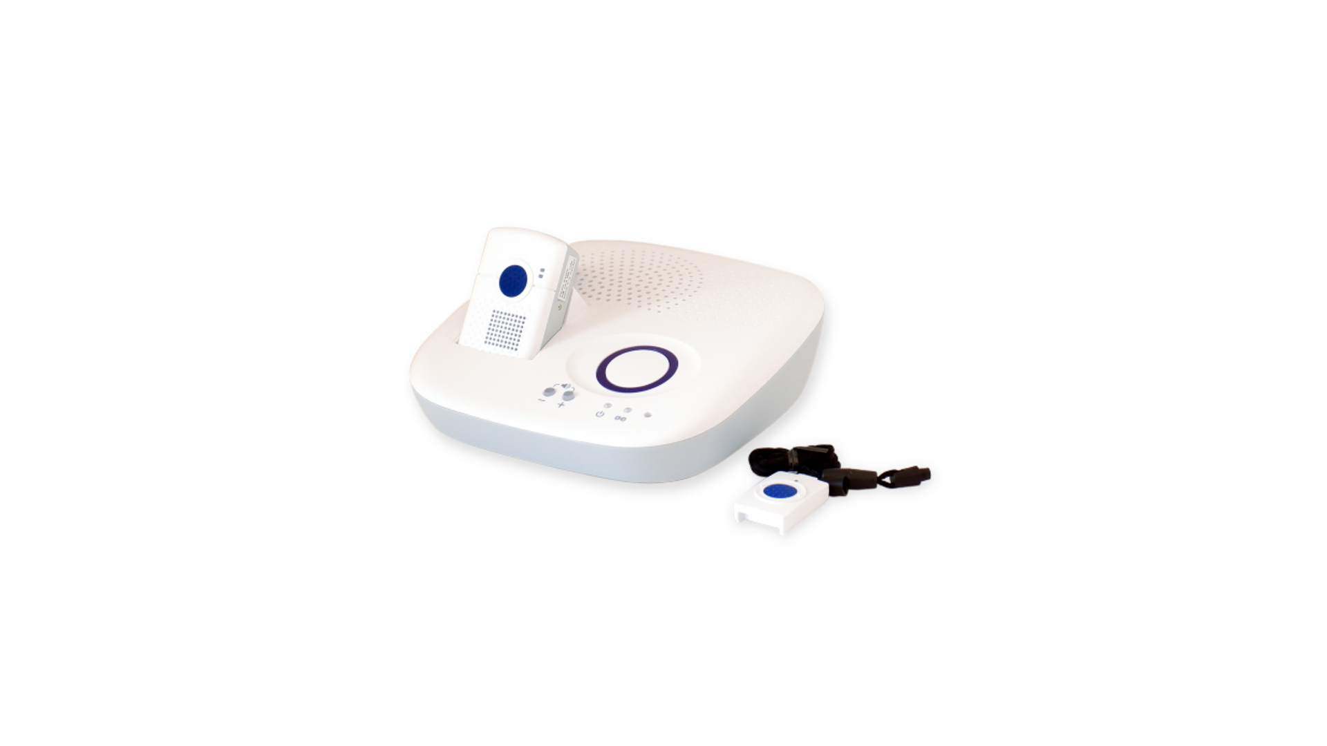 Weißes DRK-Mobilruf Gerät, bestehend aus Ladestation, mobilem Sprechgerät und mobilem Sender mit Notrufknopf.